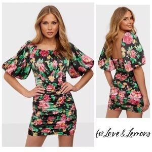 New! For Love & Lemons Floral Satin Ruched Puff Sleeve Jolie Mini Dress